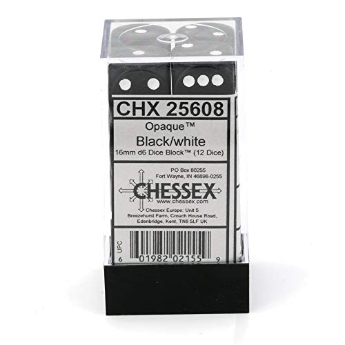 Chessex Dice Set 12 D6 16Mm Dice Black with White (12), One Size