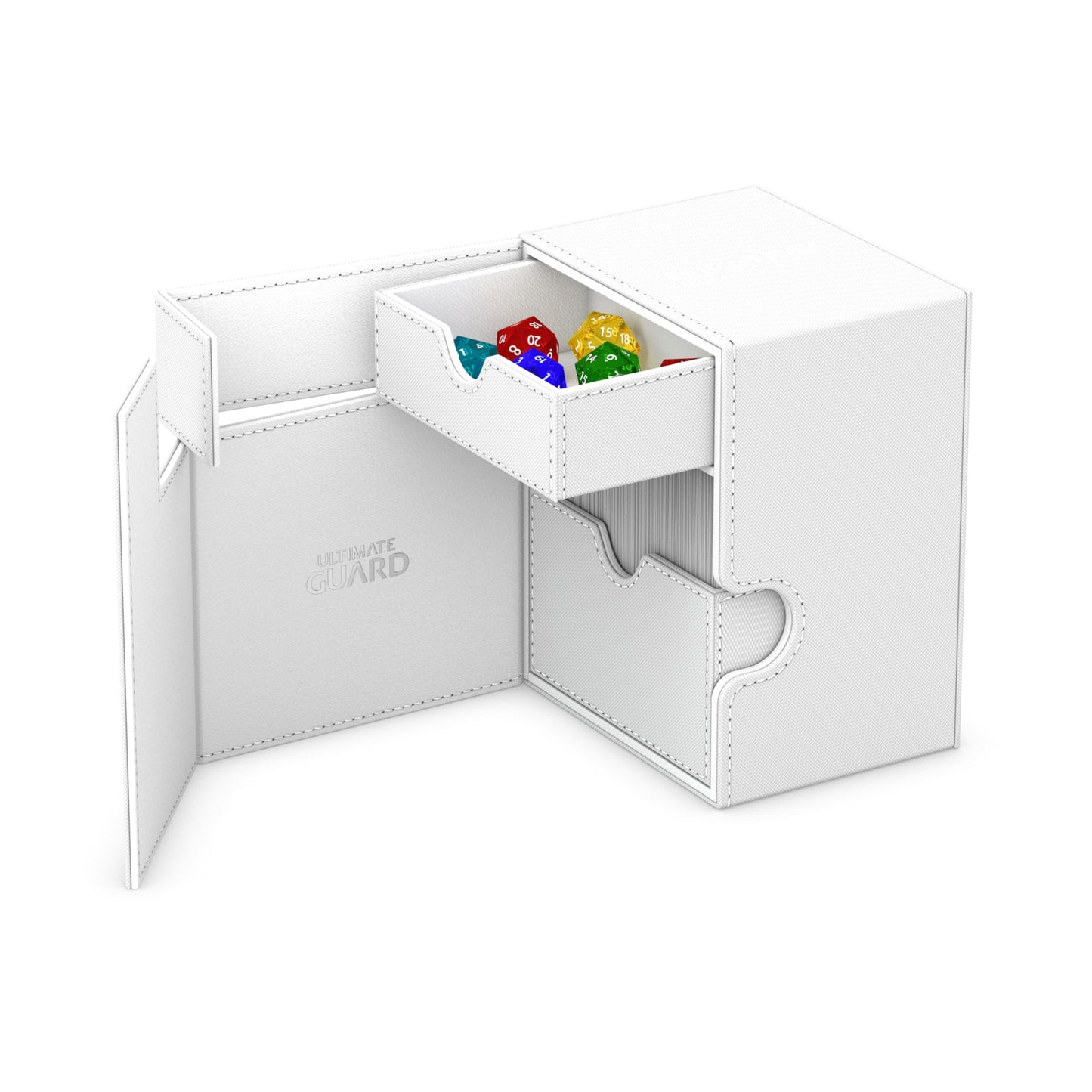 Ultimate Guard Flip 'n' Tray 133+, Deck Case for 133 Double-Sleeved TCG Cards + Dice Tray, White, Independent Magnetic Closure & Microfiber Inner Lining