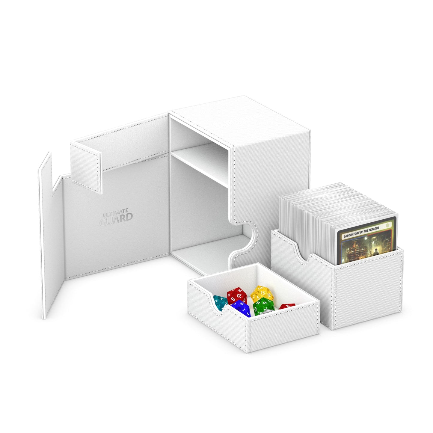 Ultimate Guard Flip 'n' Tray 133+, Deck Case for 133 Double-Sleeved TCG Cards + Dice Tray, White, Independent Magnetic Closure & Microfiber Inner Lining