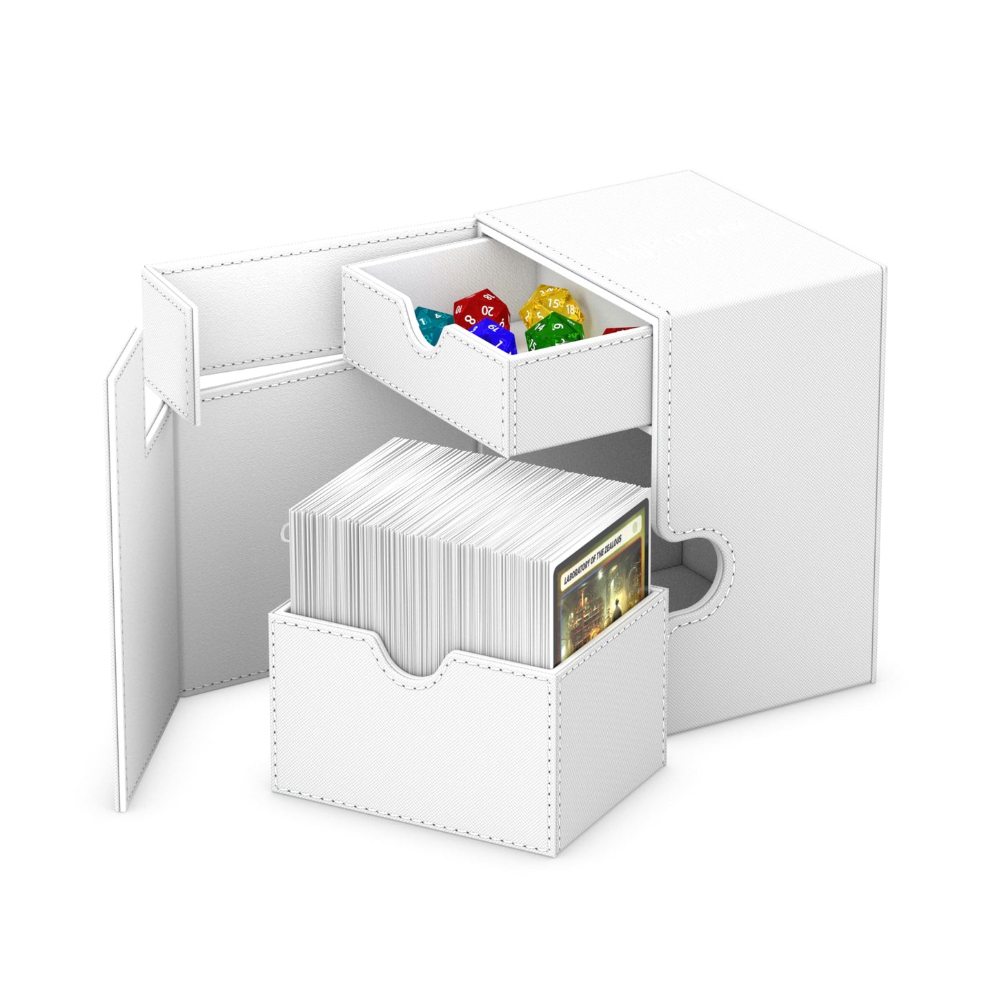 Ultimate Guard Flip 'n' Tray 133+, Deck Case for 133 Double-Sleeved TCG Cards + Dice Tray, White, Independent Magnetic Closure & Microfiber Inner Lining