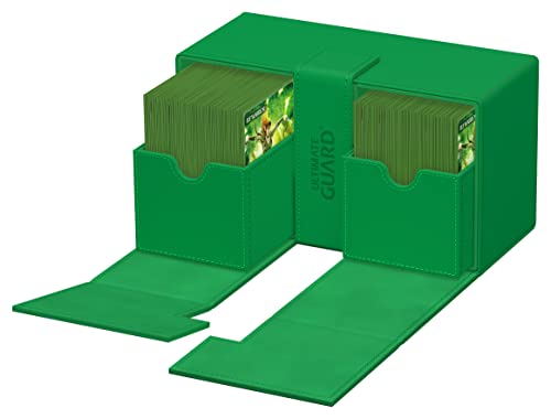 Ultimate Guard Flip 'n' Tray 200+, Deck Case for 200 Double-Sleeved TCG Cards + Dice Tray, Green, Independent Magnetic Closure & Microfiber Lining
