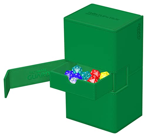 Ultimate Guard Flip 'n' Tray 200+, Deck Case for 200 Double-Sleeved TCG Cards + Dice Tray, Green, Independent Magnetic Closure & Microfiber Lining