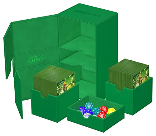Ultimate Guard Flip 'n' Tray 200+, Deck Case for 200 Double-Sleeved TCG Cards + Dice Tray, Green, Independent Magnetic Closure & Microfiber Lining