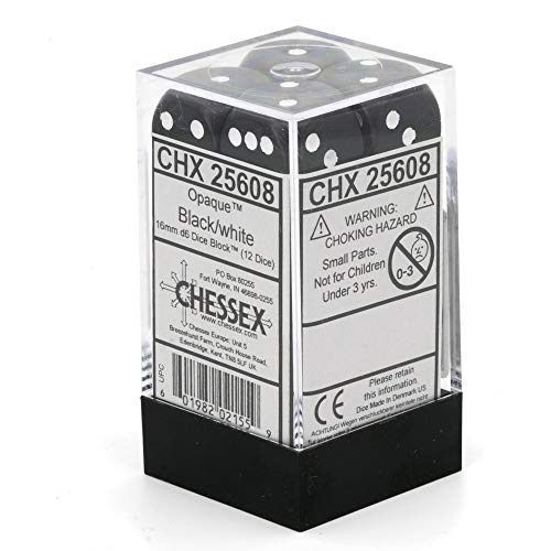 Chessex Dice Set 12 D6 16Mm Dice Black with White (12), One Size